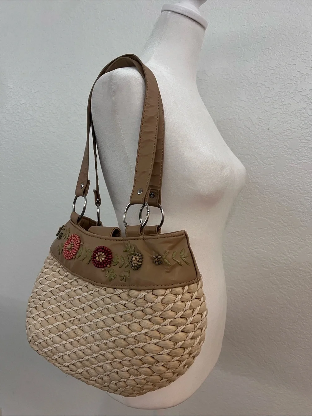 Avon Beige Woven Shoulder Bag with Floral Embellishments